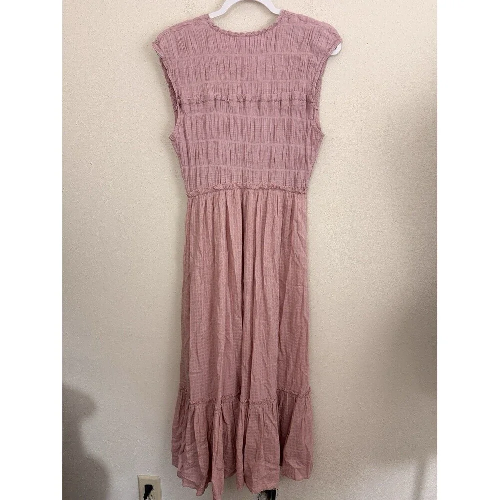Free People Midi Dress Sz Medium Desert Dazed Pink Cotton Short Sleeve Smocked - Picture 9 of 9